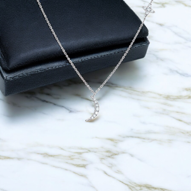Sterling Silver Cubic Zirconia Moon Star Necklace