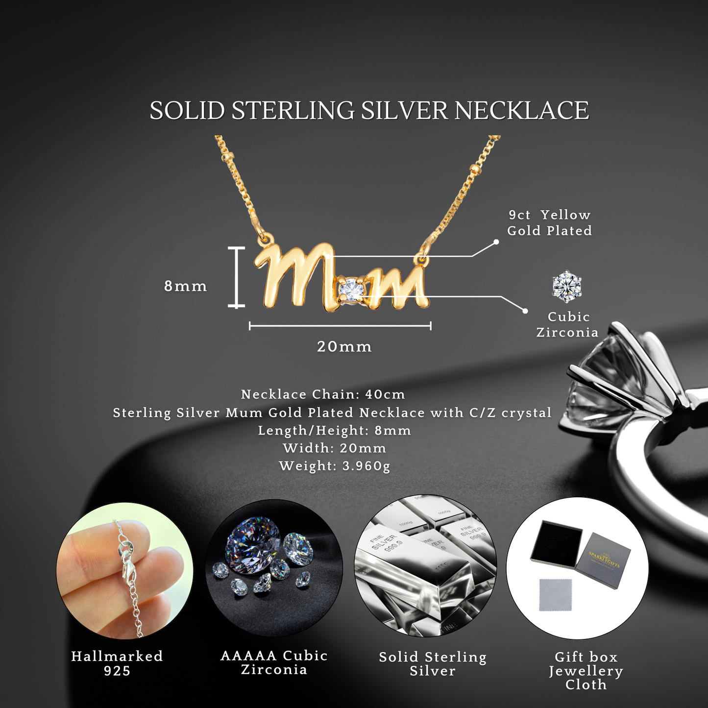Sterling Silver Gold Plated Cubic Zirconia Mum Beaded Necklace
