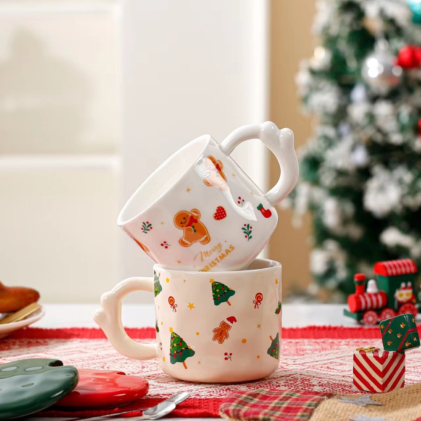 Christmas Theme Cute Cartoon Ceramic Coffee Tea Mug with Lid & Spoon Set