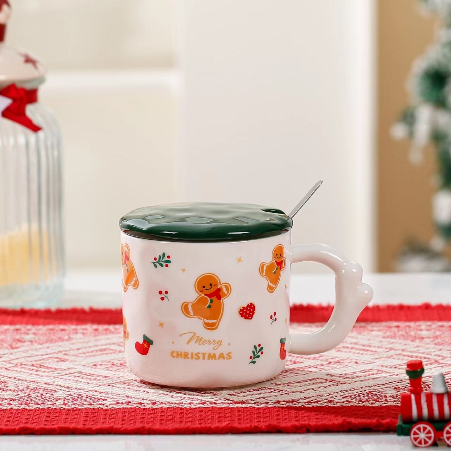 Christmas Theme Cute Cartoon Ceramic Coffee Tea Mug with Lid & Spoon Set