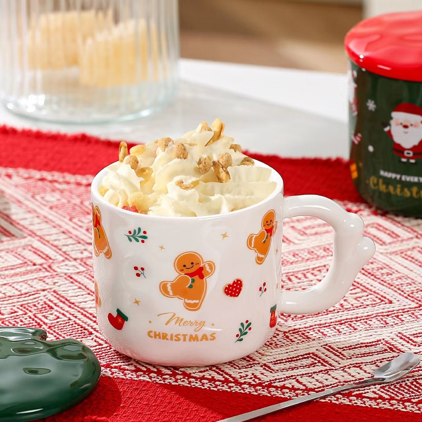 Christmas Theme Cute Cartoon Ceramic Coffee Tea Mug with Lid & Spoon Set