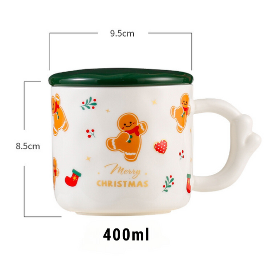 Christmas Theme Cute Cartoon Ceramic Coffee Tea Mug with Lid & Spoon Set