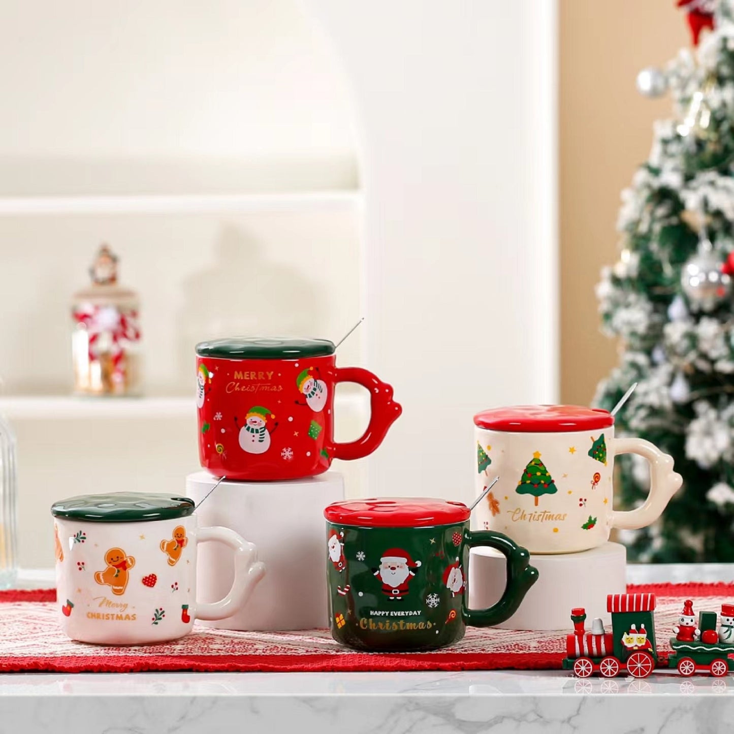 Christmas Theme Cute Cartoon Ceramic Coffee Tea Mug with Lid & Spoon Set