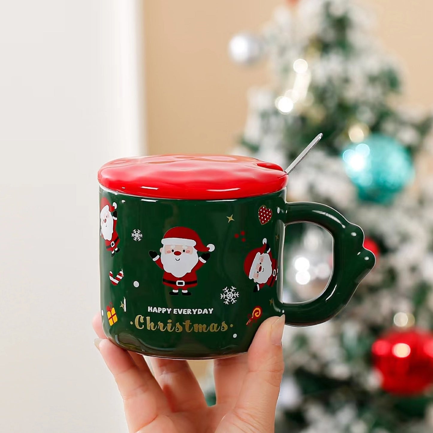 Christmas Theme Cute Cartoon Ceramic Coffee Tea Mug with Lid & Spoon Set