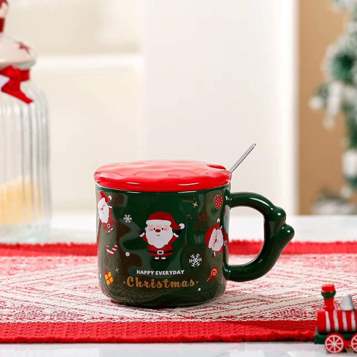 Christmas Theme Cute Cartoon Ceramic Coffee Tea Mug with Lid & Spoon Set