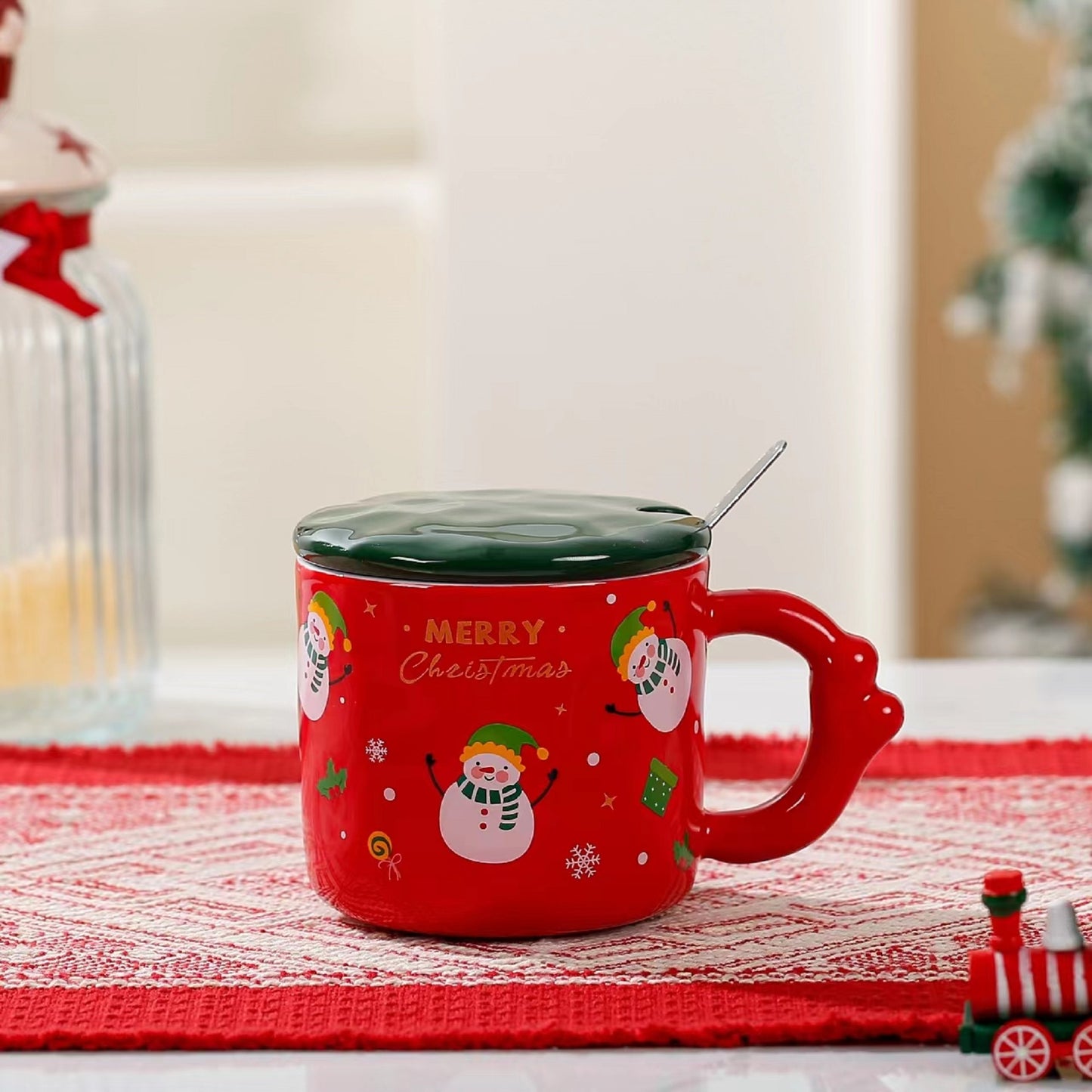 Christmas Theme Cute Cartoon Ceramic Coffee Tea Mug with Lid & Spoon Set