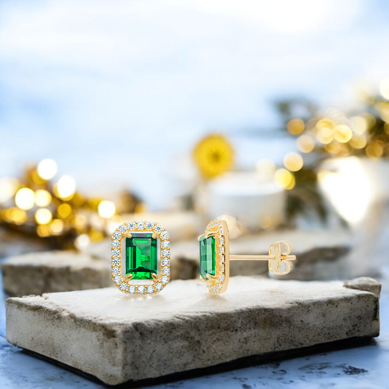 9ct Gold Cubic Zirconia Emerald Cut Halo Stud Earrings
