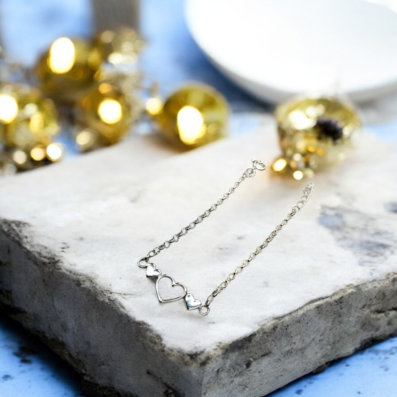 Sterling Silver Triple 16cm Heart Bracelet