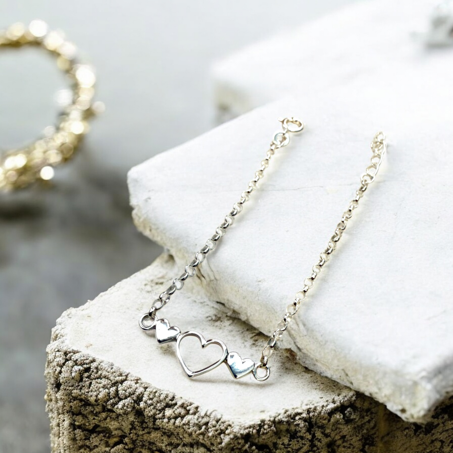 Sterling Silver Triple 16cm Heart Bracelet