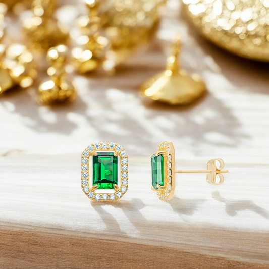 9ct Gold Cubic Zirconia Emerald Cut Halo Stud Earrings