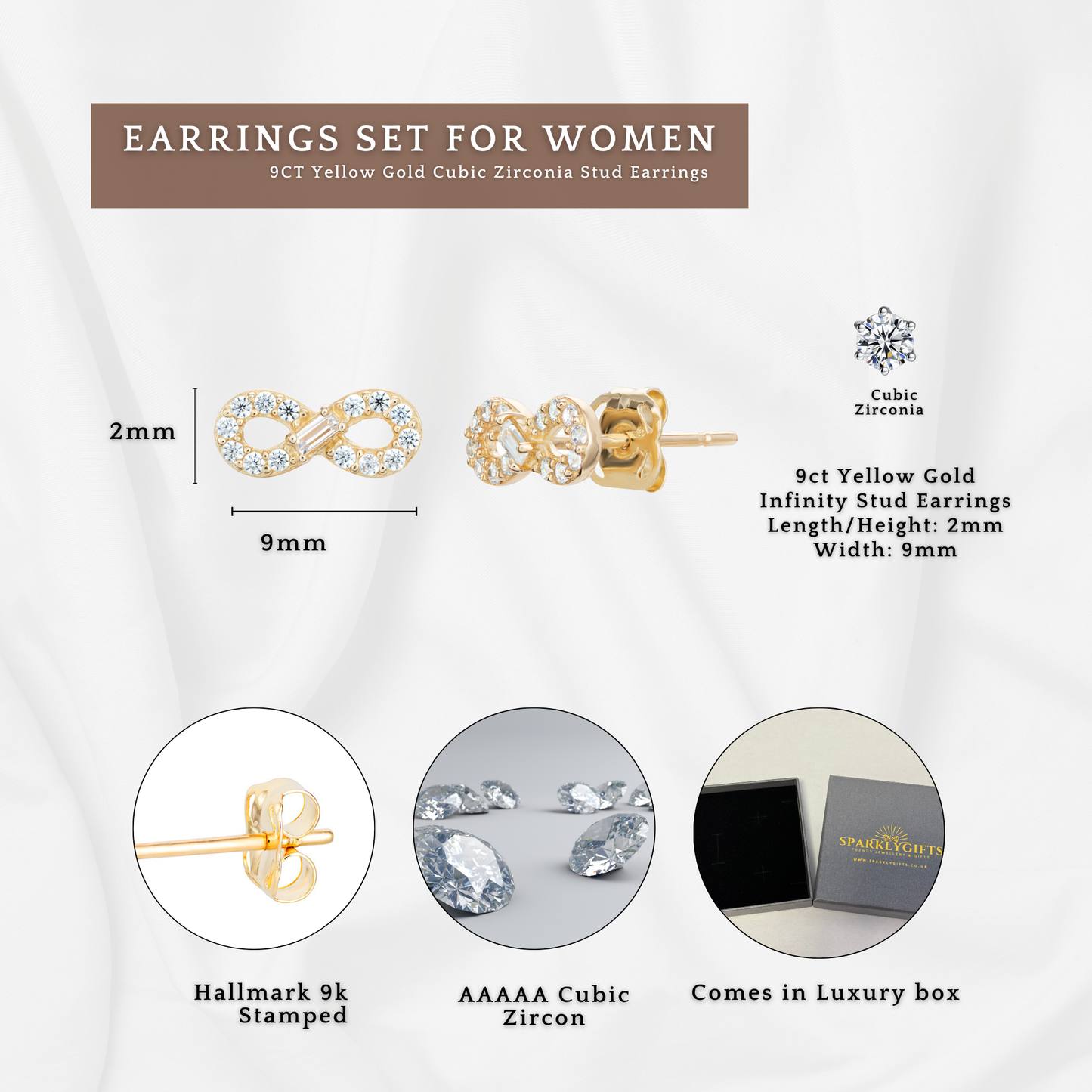 9ct Yellow Gold C/Z Horse Shoe Infinity Halo 3 Pairs Stud Earrings Set
