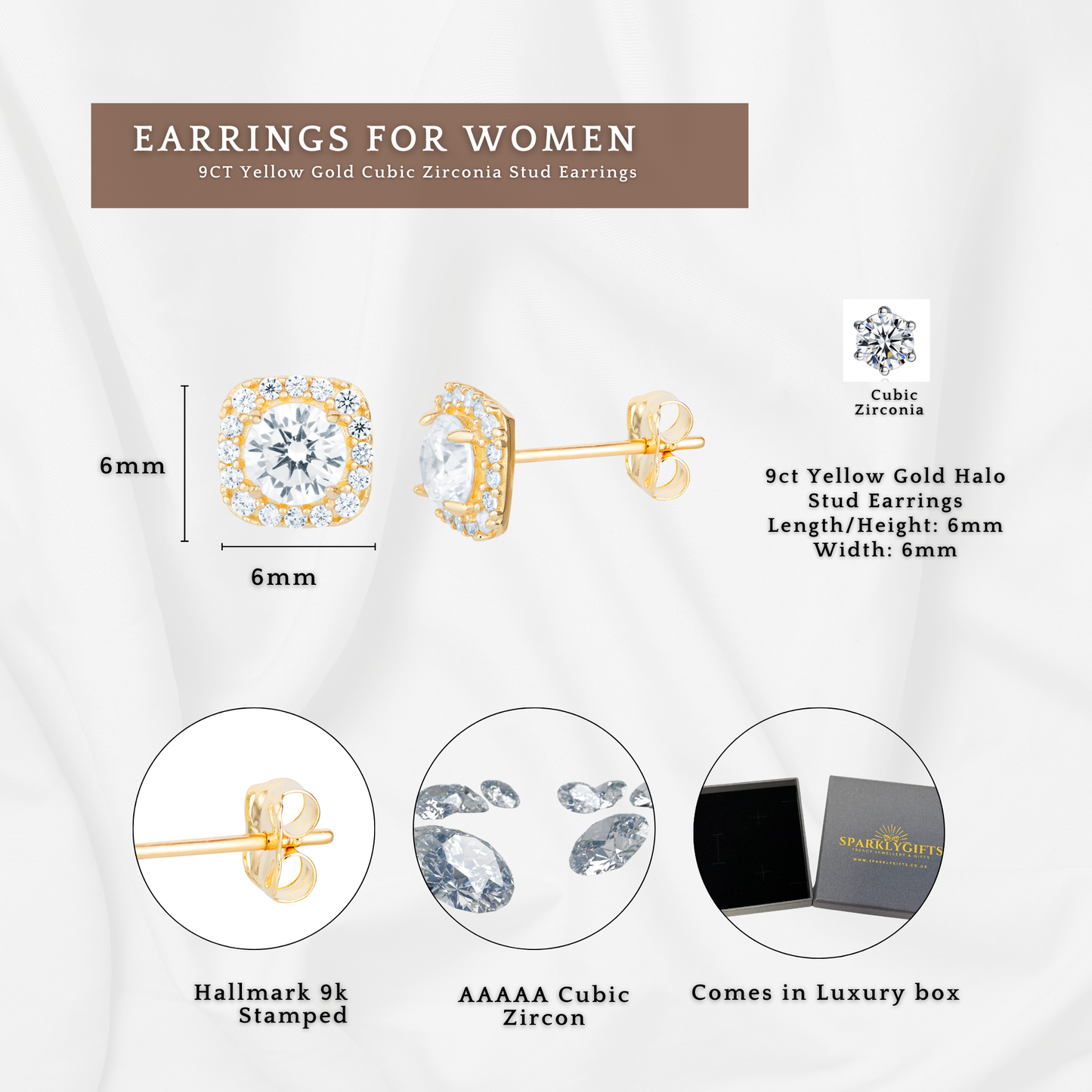 9ct Yelow Gold C/Z 7mm Heart Stud Earrings and Halo 6mm Square Stud Earrings Set Two Pairs Set