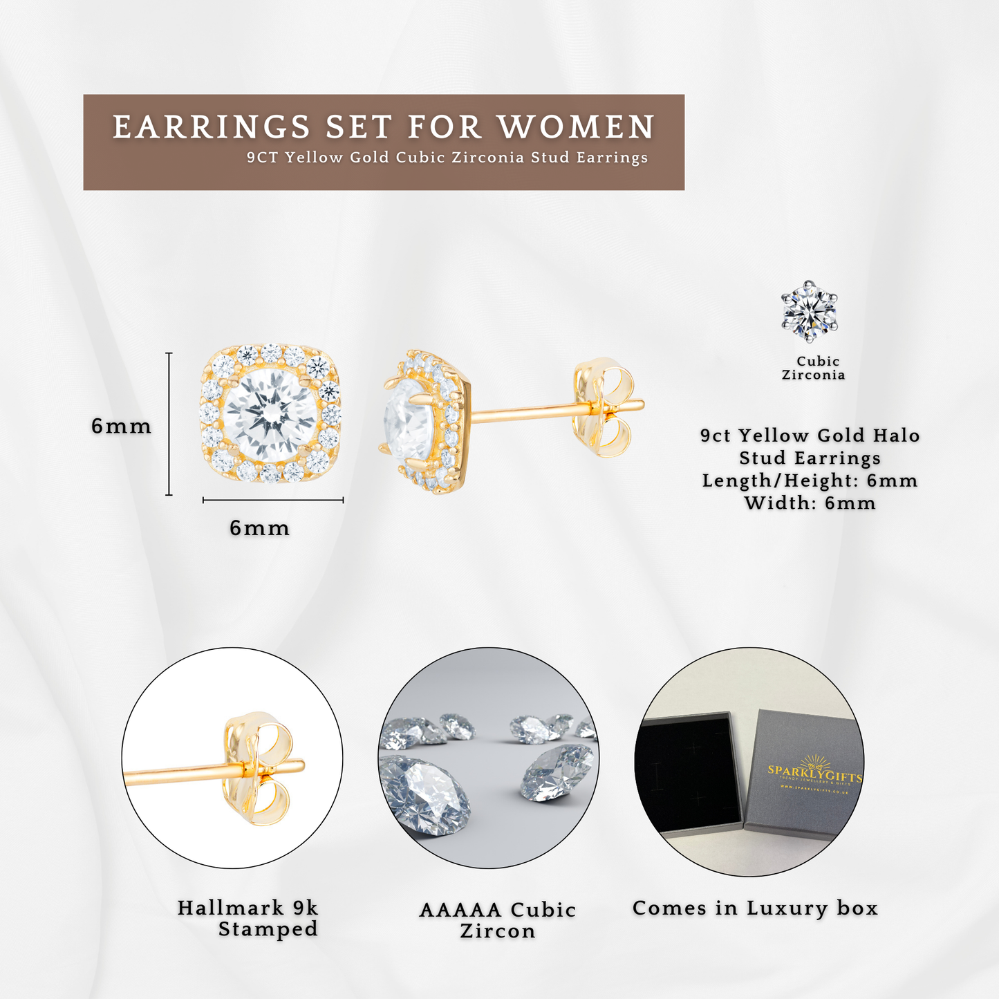 9ct Yellow Gold C/Z Horse Shoe Infinity Halo 3 Pairs Stud Earrings Set