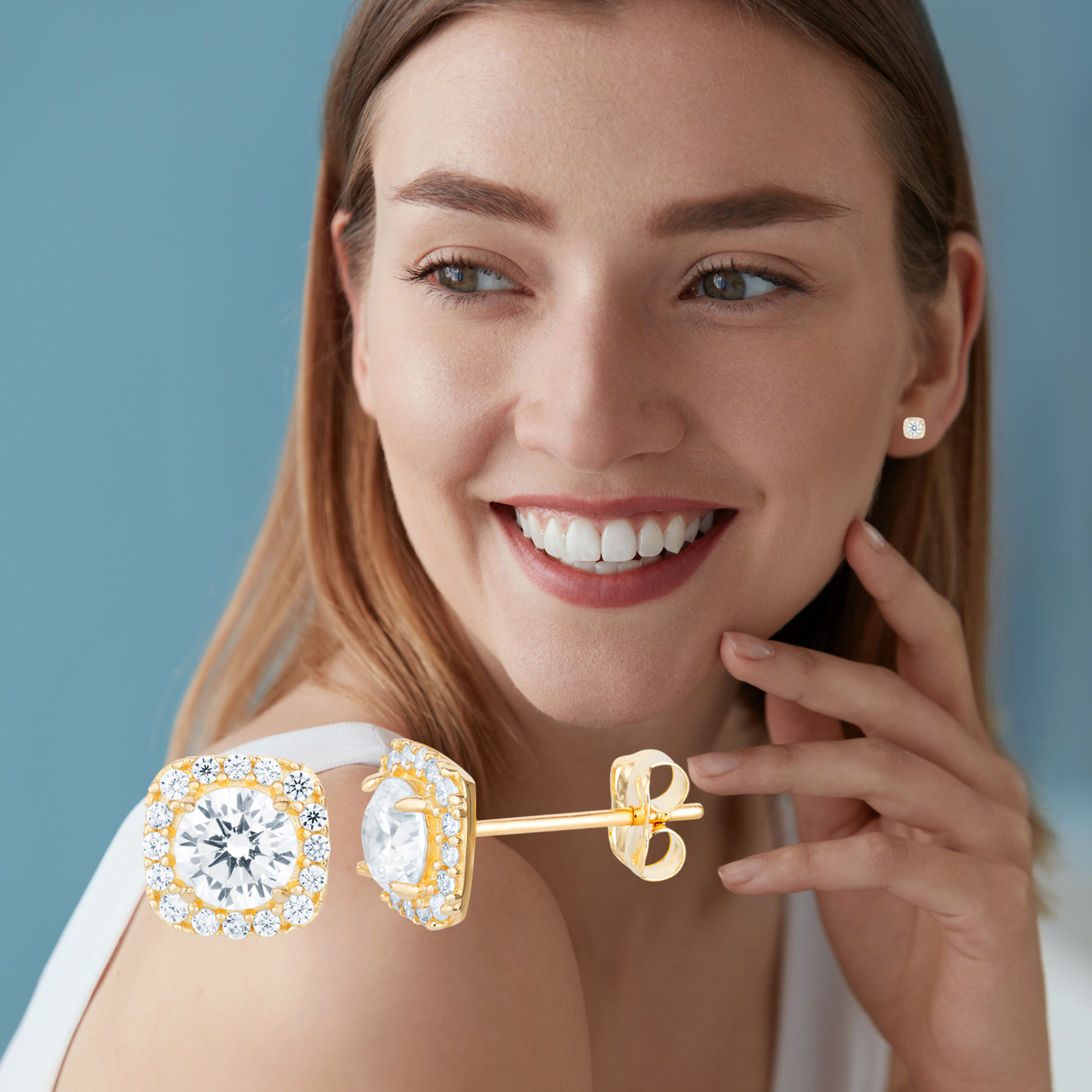 9ct Yelow Gold C/Z 7mm Heart Stud Earrings and Halo 6mm Square Stud Earrings Set Two Pairs Set