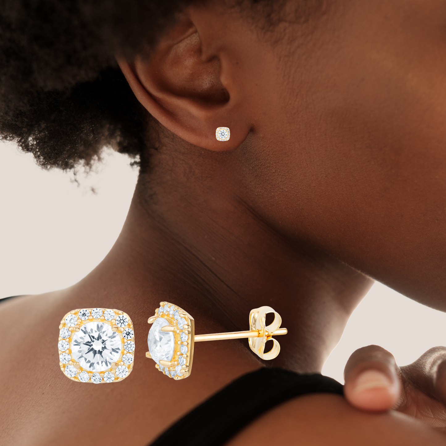 9ct Yelow Gold C/Z 7mm Heart Stud Earrings and Halo 6mm Square Stud Earrings Set Two Pairs Set