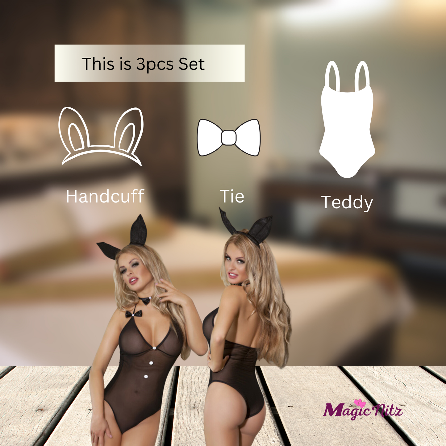 Black Mesh Bows Button Back Cut Out Bunny Ears Headpiece Tied Teddy Sexy Costume 3pc