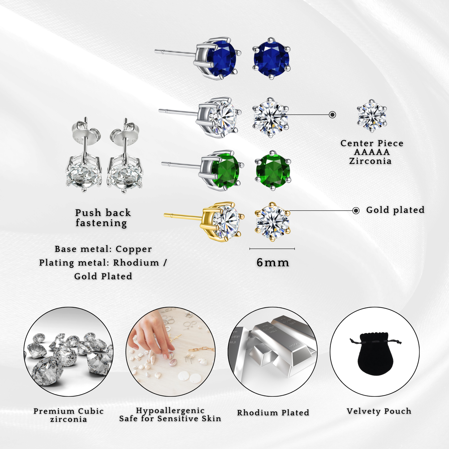 Gold or Silver Tone Stud Earrings with Premium Crystals