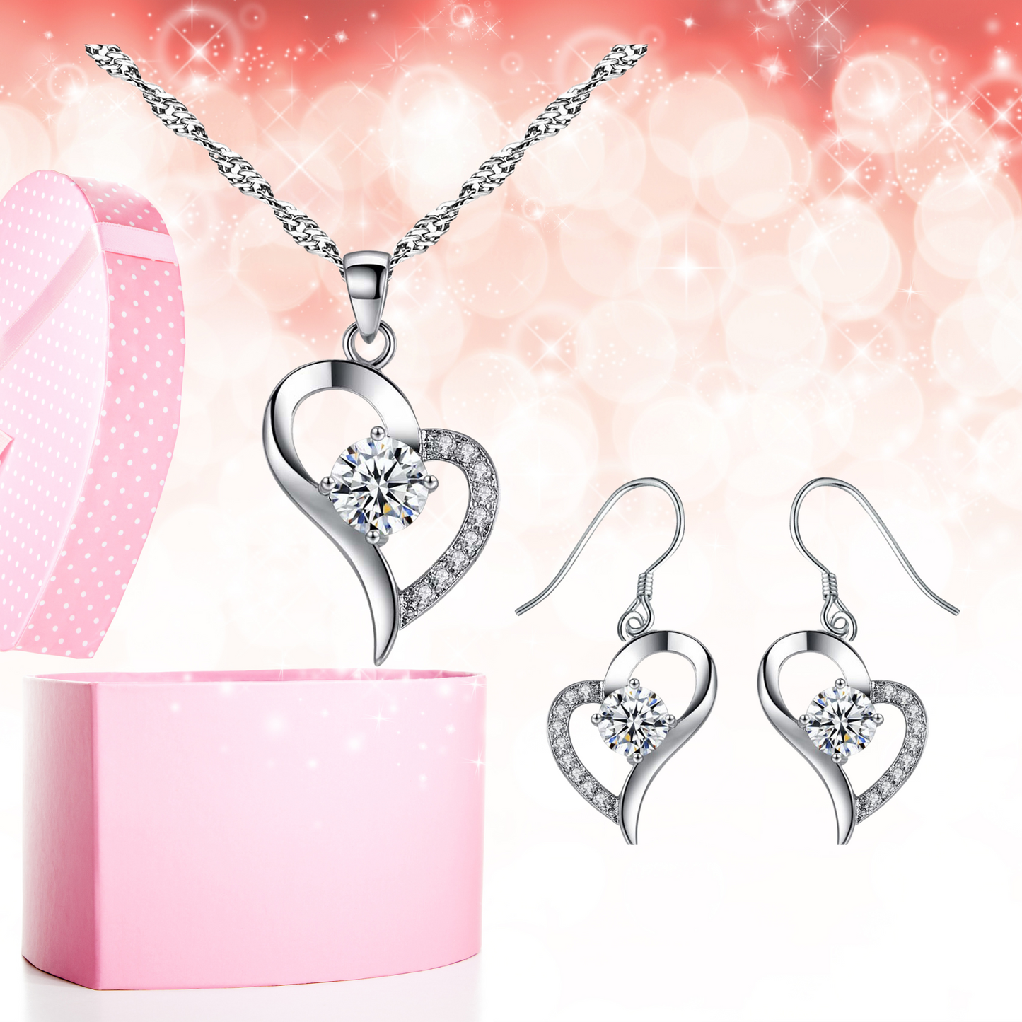 Heart Shaped Pendant Necklace & Earrings Jewellery Set with AAAAA Cubic Zirconia Crystal