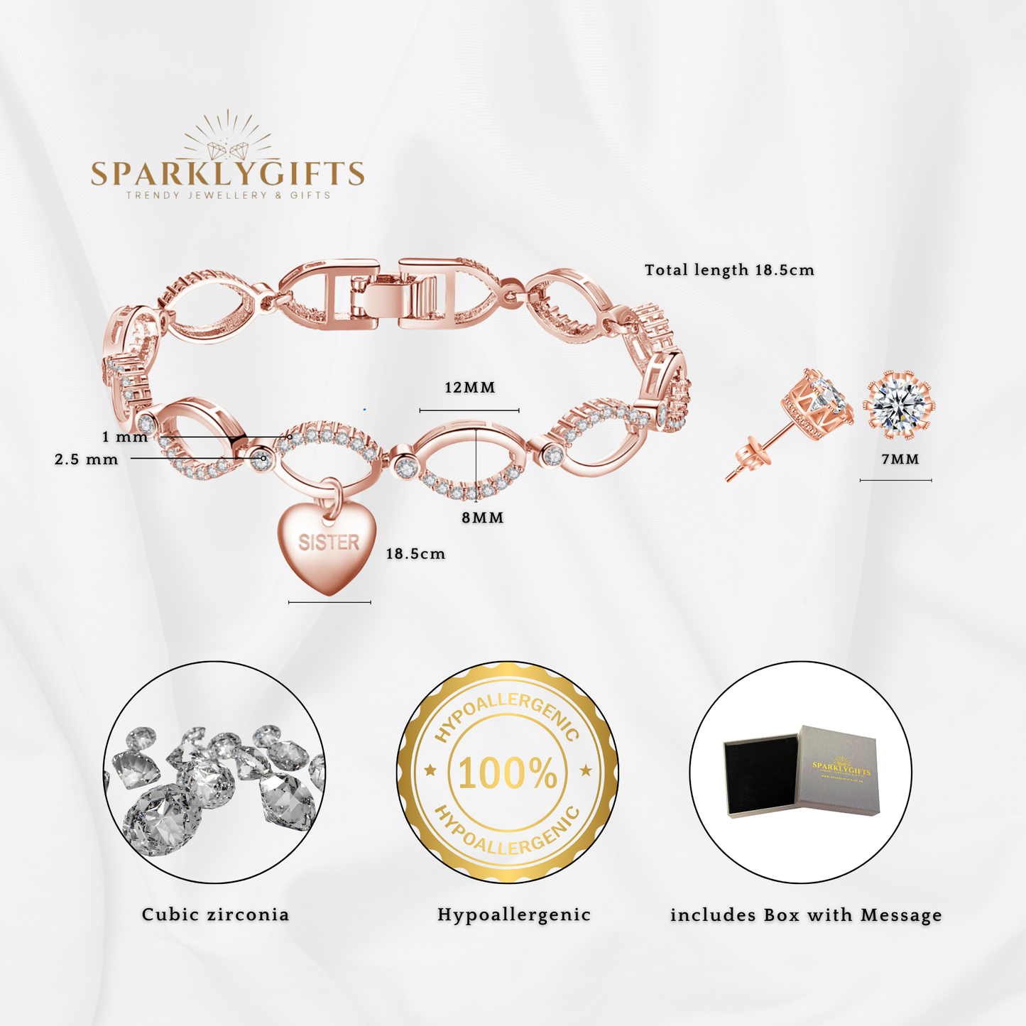 Infinity Bracelet and Earring Set for Sister Rose Gold Plated