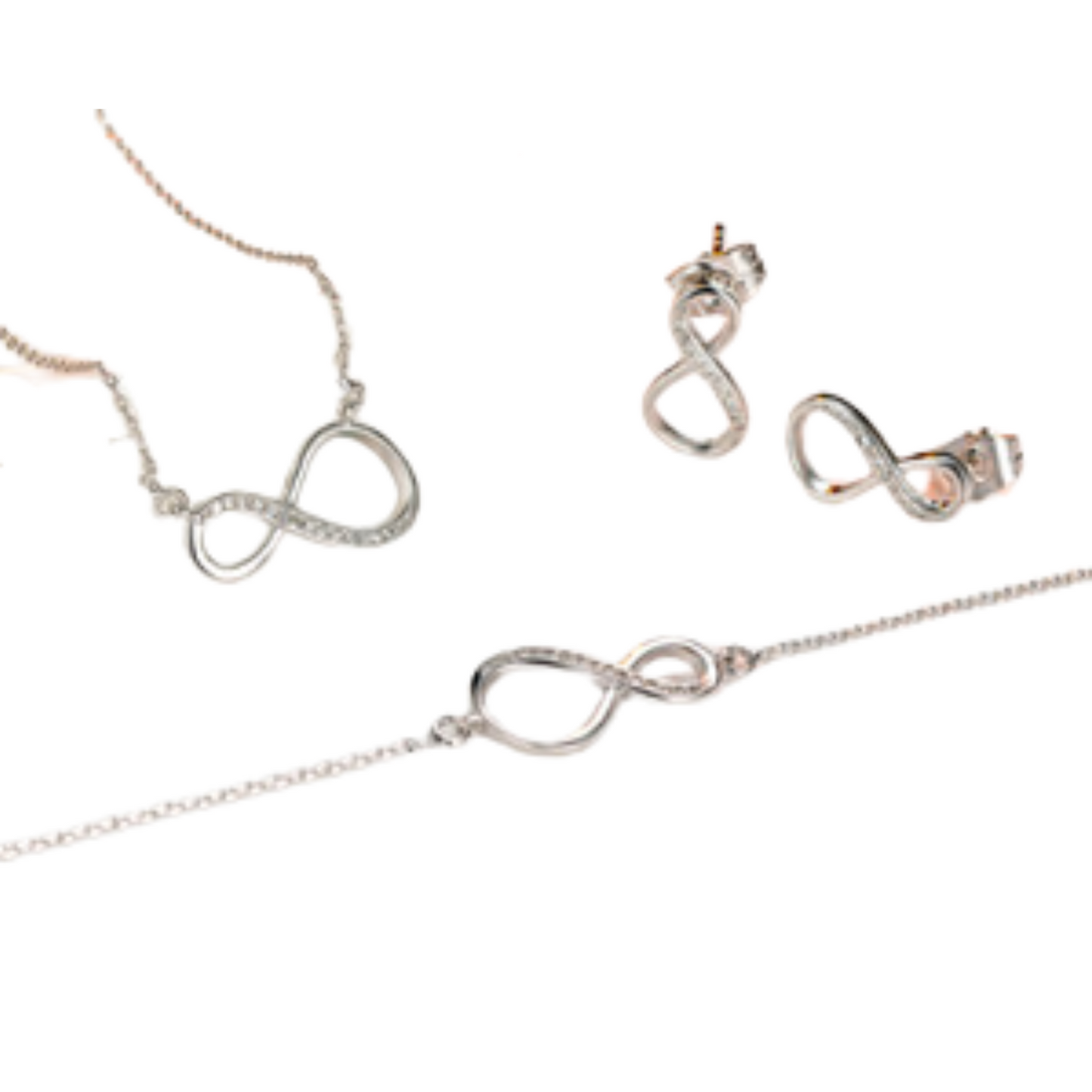 Infinity Bracelet, Necklace & Earrings Tri Set