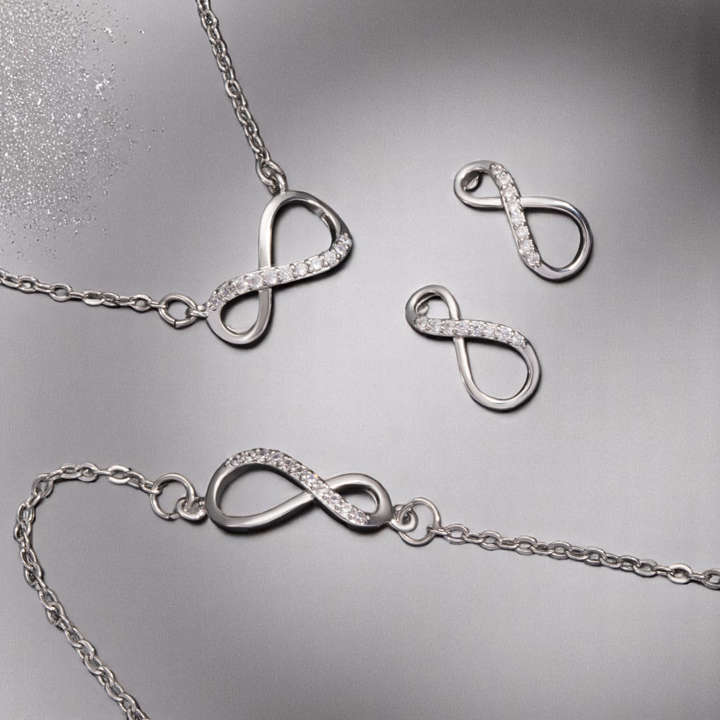 Sterling Silver Infinity Bracelet, Necklace & Earrings Tri Set