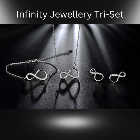 Infinity Bracelet, Necklace & Earrings Tri Set