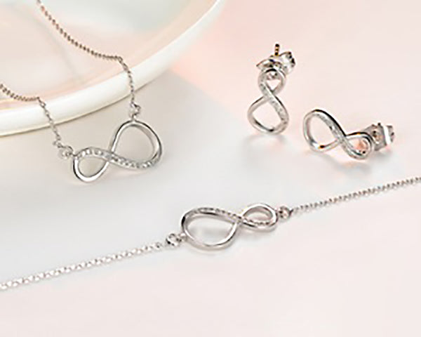 Infinity Bracelet, Necklace & Earrings Tri Set