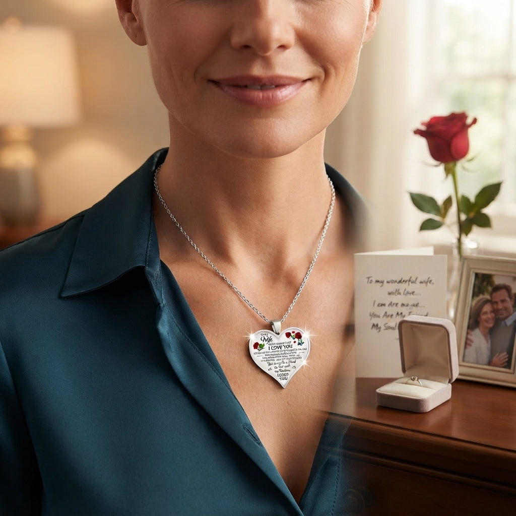 To My Wife Love Heart-Shaped Red Rose Silver Tone Pendant Necklace