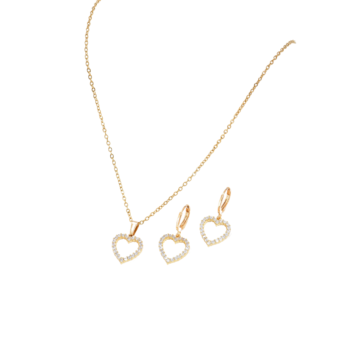 Love Heart Zircon Crystals Necklace and Huggies Earring Gold Tone 2 Pcs Jewellery Set