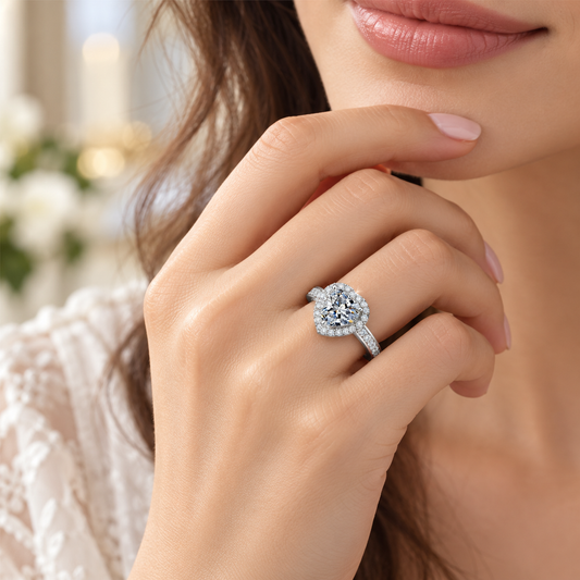 Sterling Silver Halo Heart Moissanite Ring One carat Open Adjustable Ring