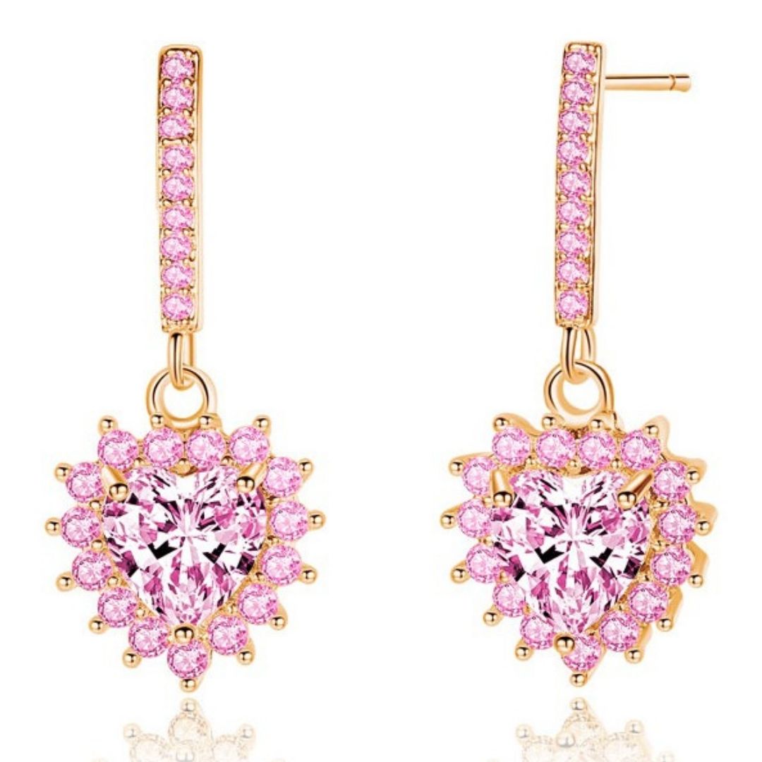 Heart Drop Earrings with Pink Cubic Zirconia Crystals