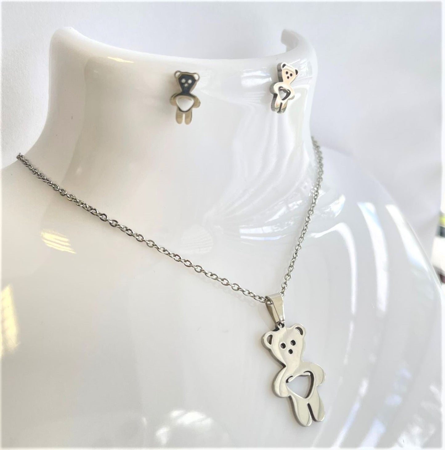 Stainless Steel Teddy Necklace and Earrings Set