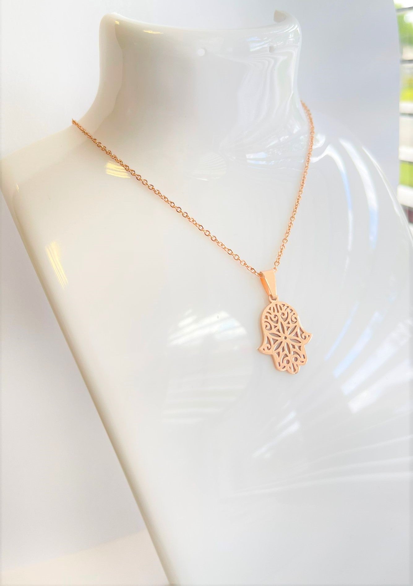 Stainless Steel Hamsa Hand Pendant Necklace -Rose Gold or Silver