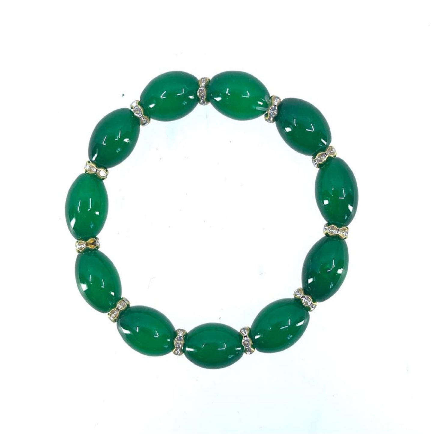 Women Green Oval Jade Beads Zircon Crystals Gold Tone Bracelet