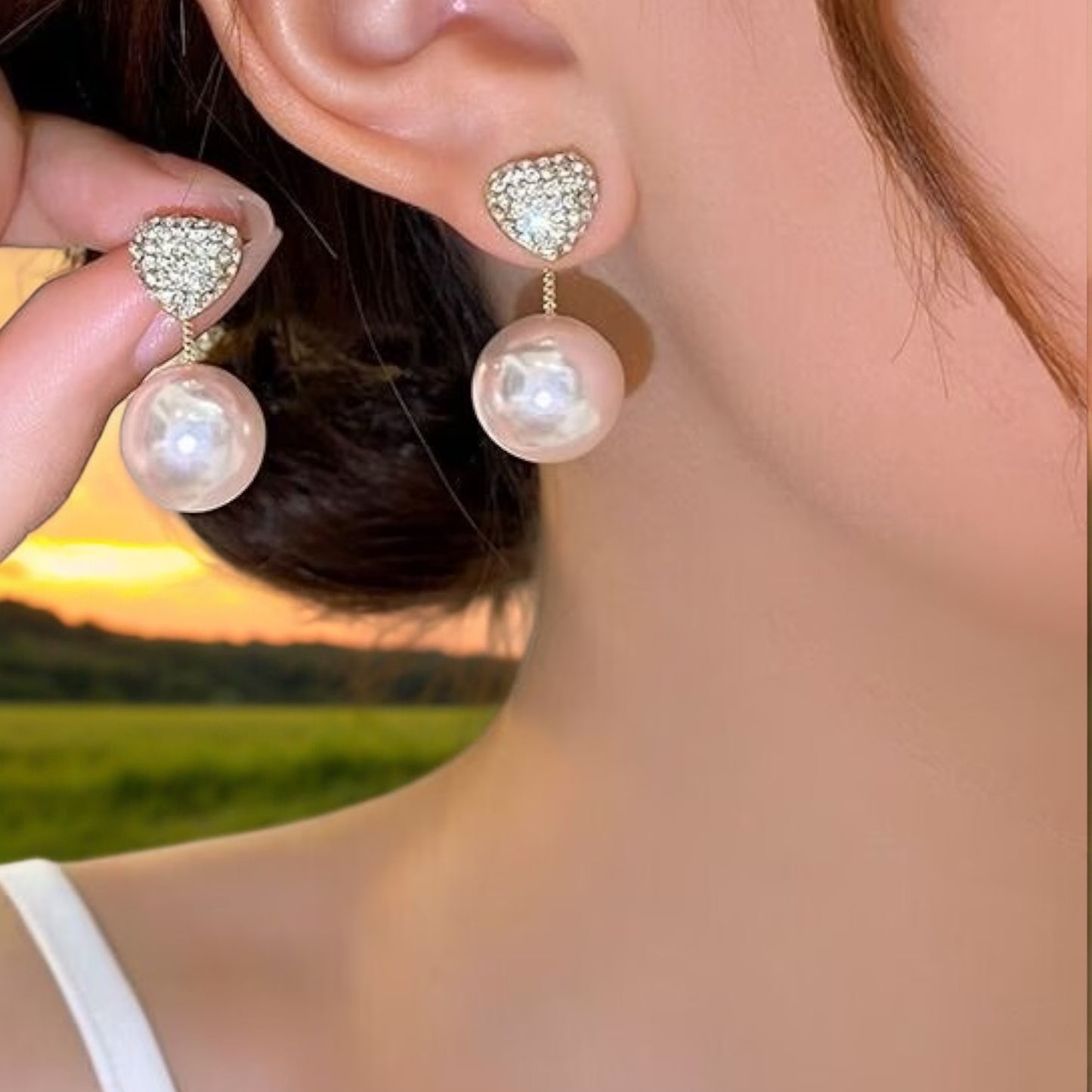 Beautiful Faux Peal Earrings with Crystal Heart