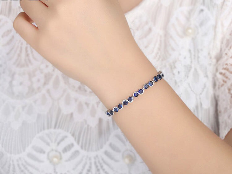 Rhodium Plated Link Bracelet with Royal Blue Cubic Zirconia