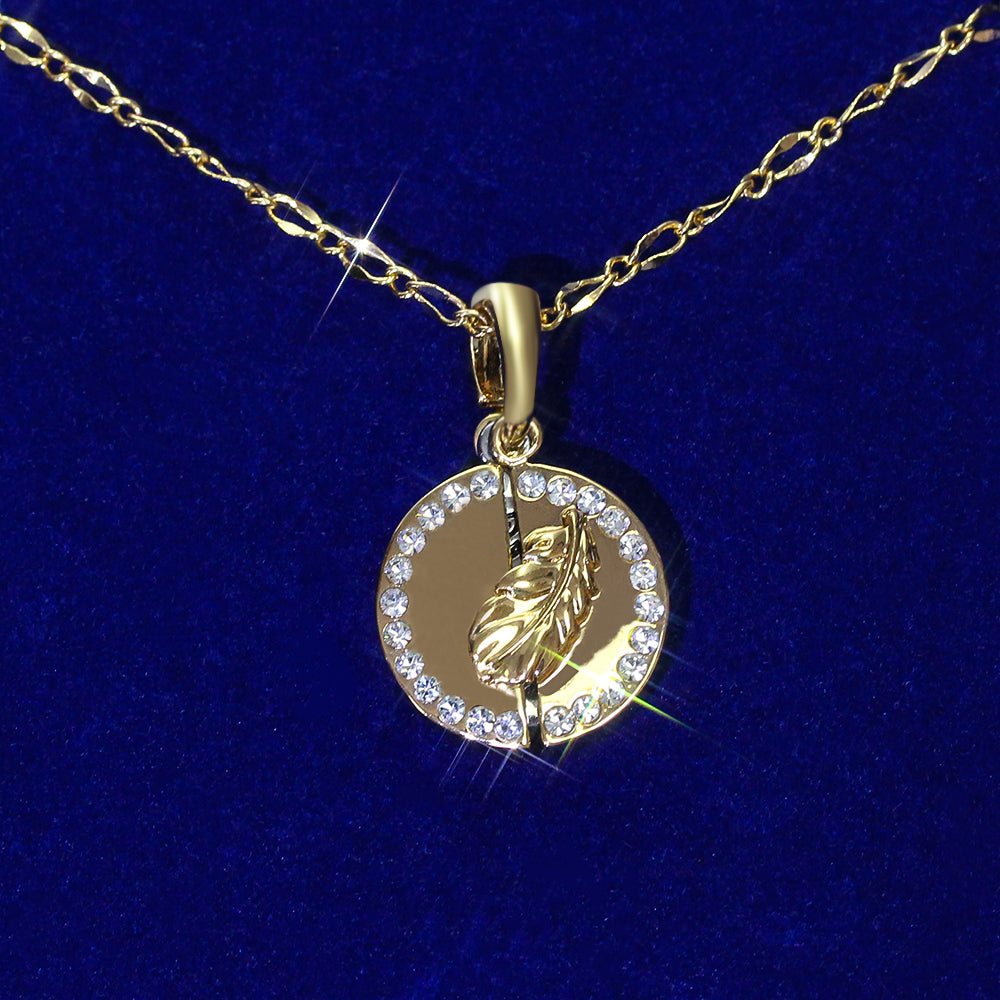 Crystal Round Feather Open Pendant Necklace with Message – Gold or Silver