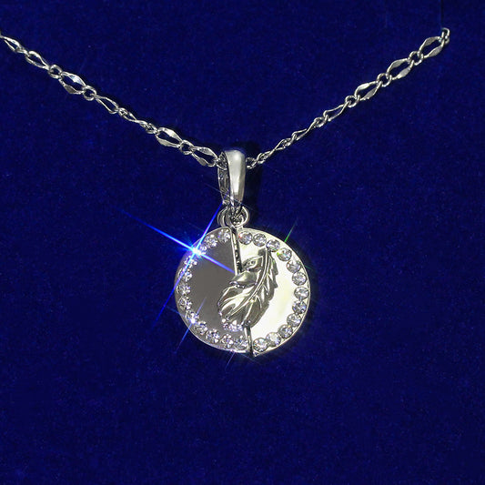 Crystal Round Feather Open Pendant Necklace with Message – Gold or Silver