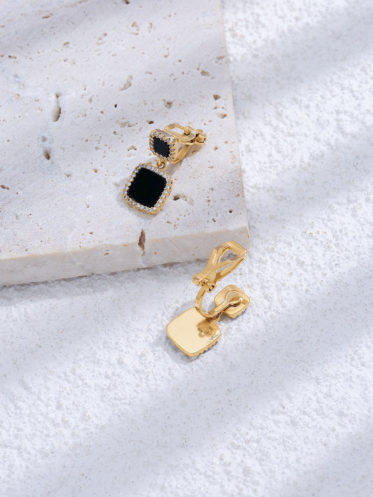 Gold Tone Square Black Drop Earrings Ear Clip Cuff Non Pierced