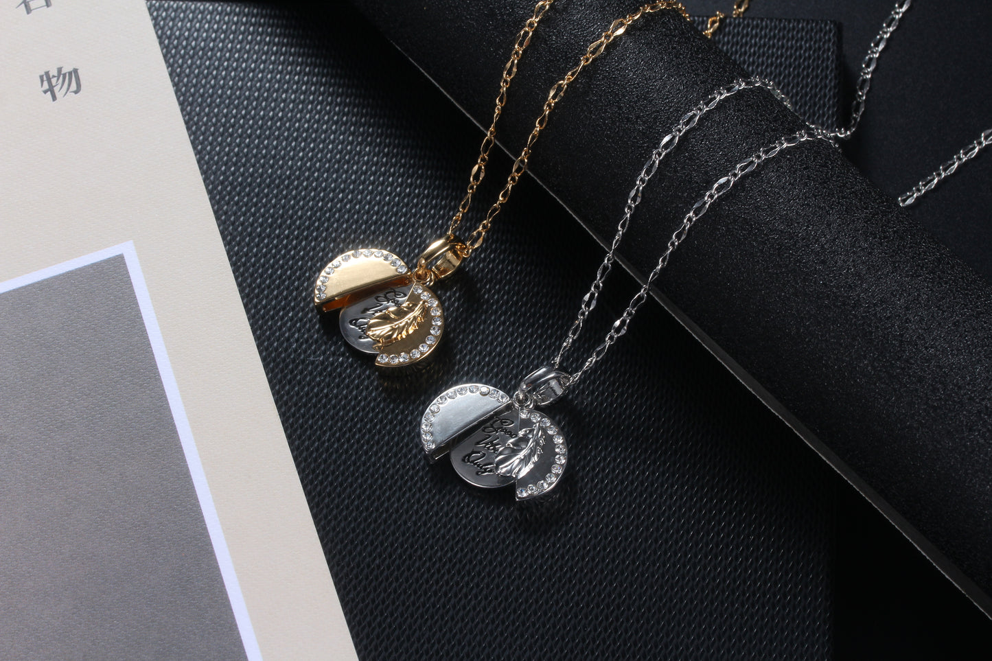 Crystal Round Feather Open Pendant Necklace with Message – Gold or Silver