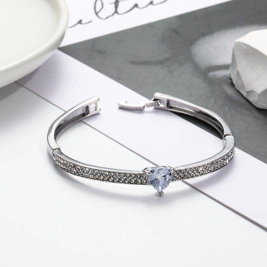 Silver Tone Heart Crystal Bangle