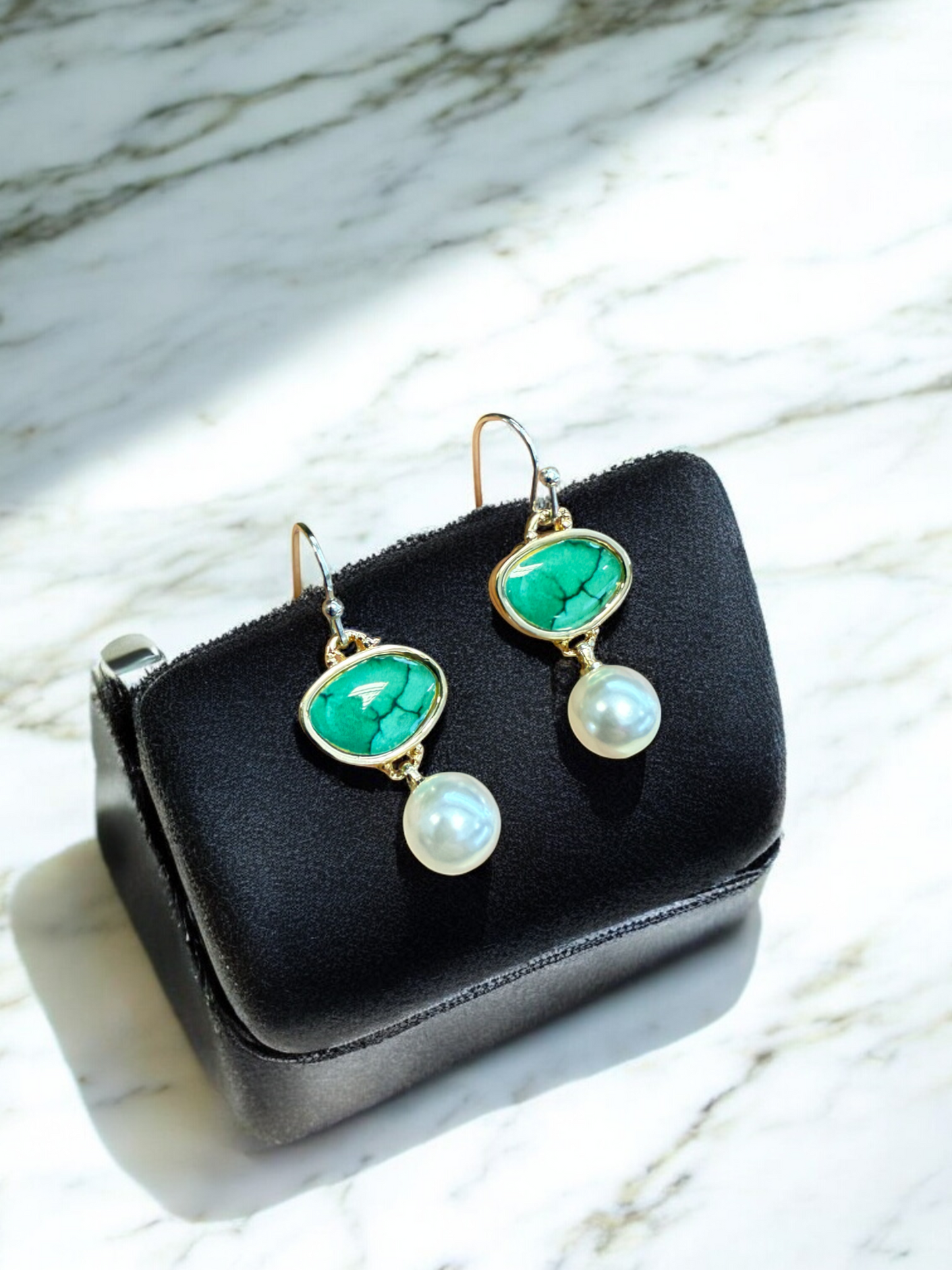 Retro Imitation green Jade gemstone Pearl Epoxy drop Earrings