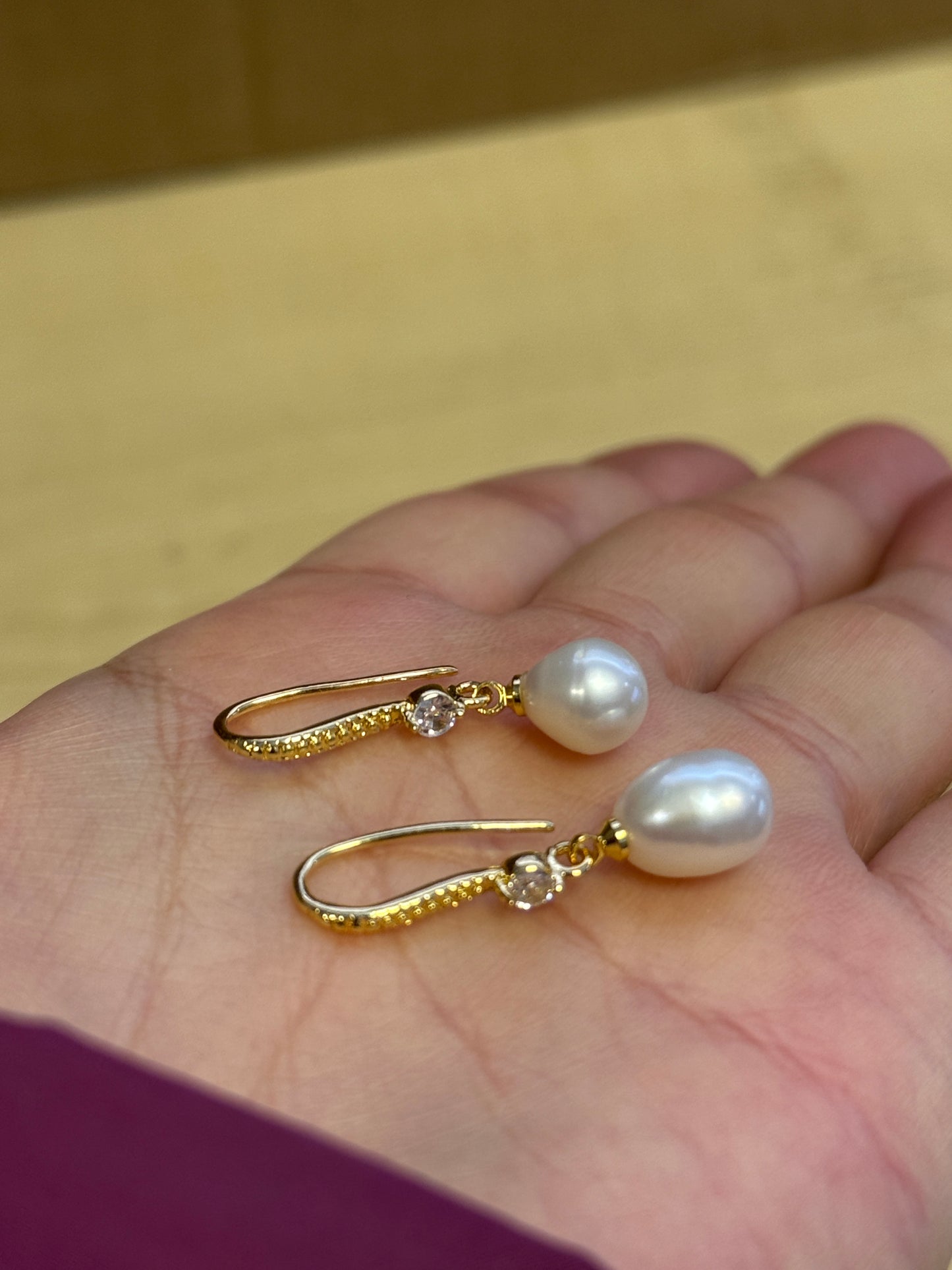 Pearl Drop Hook Zircon Crystals Gold Plated Earrings