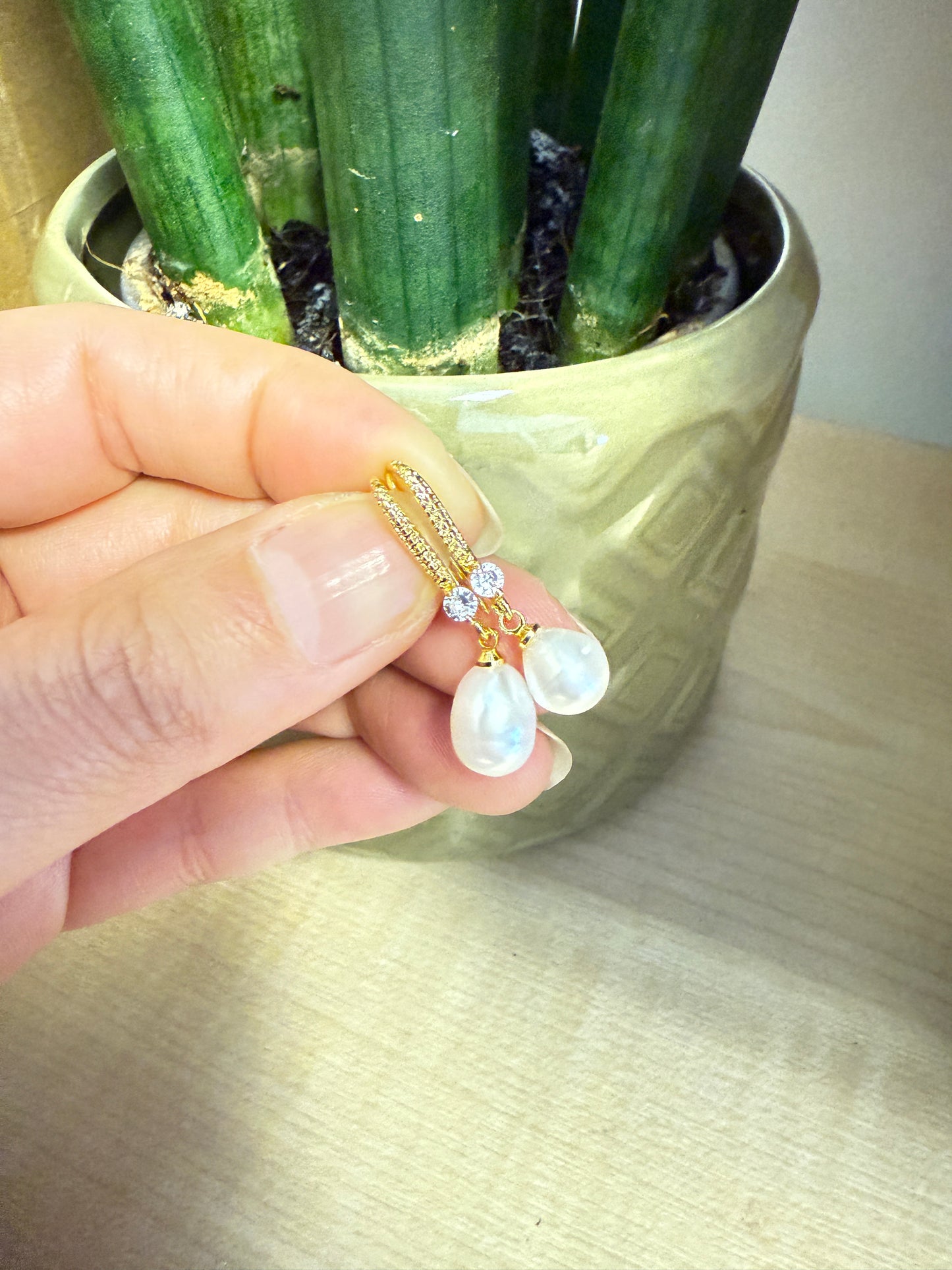Pearl Drop Hook Zircon Crystals Gold Plated Earrings