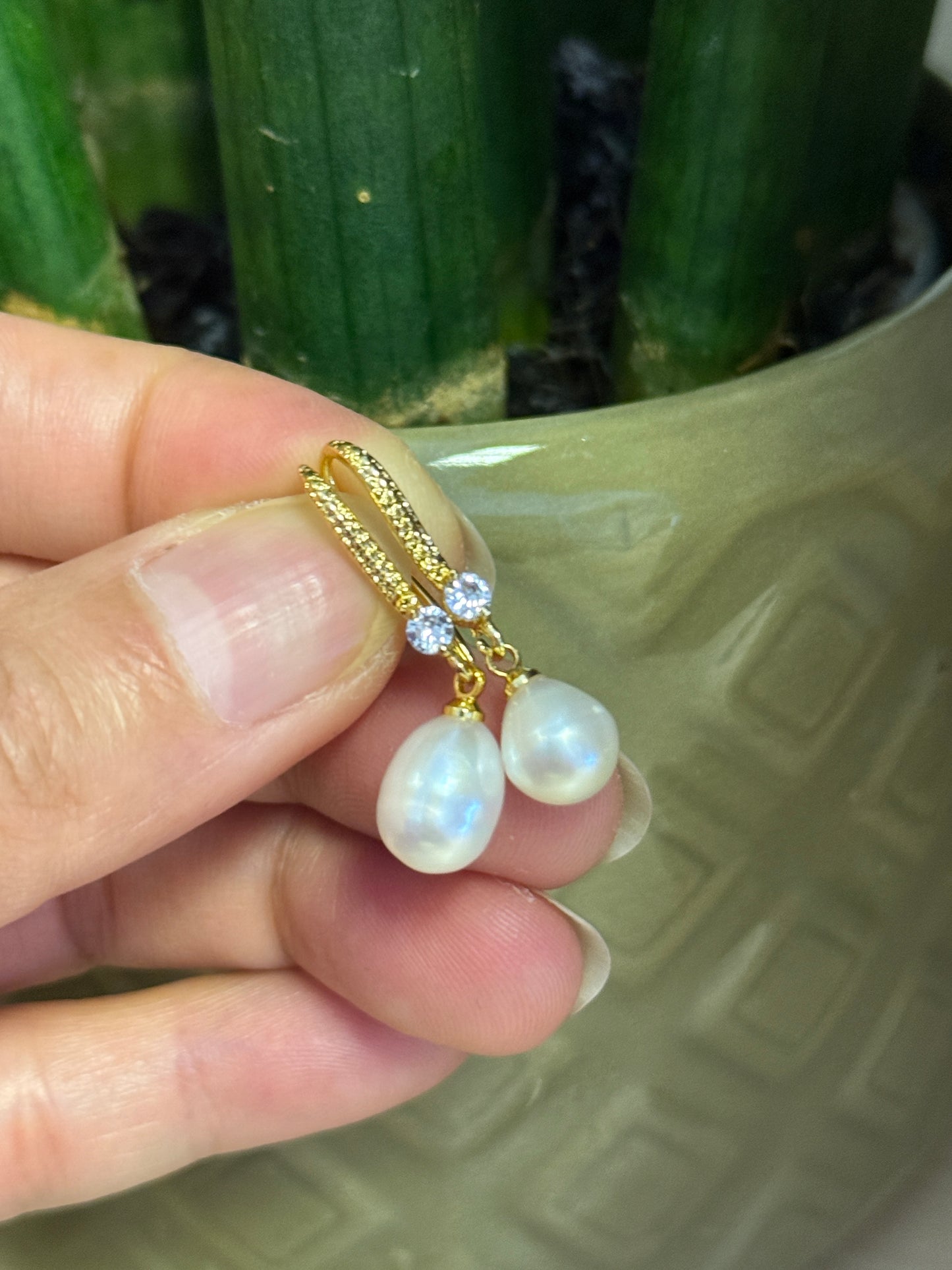 Pearl Drop Hook Zircon Crystals Gold Plated Earrings