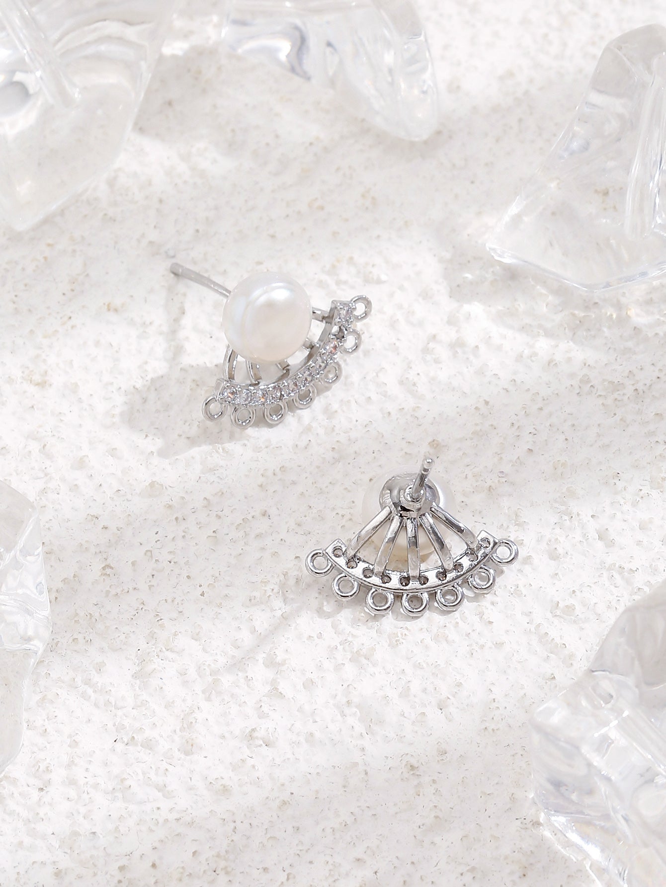 Fan Shaped Freshwater Pearl Stud Earrings - Gold/Silver