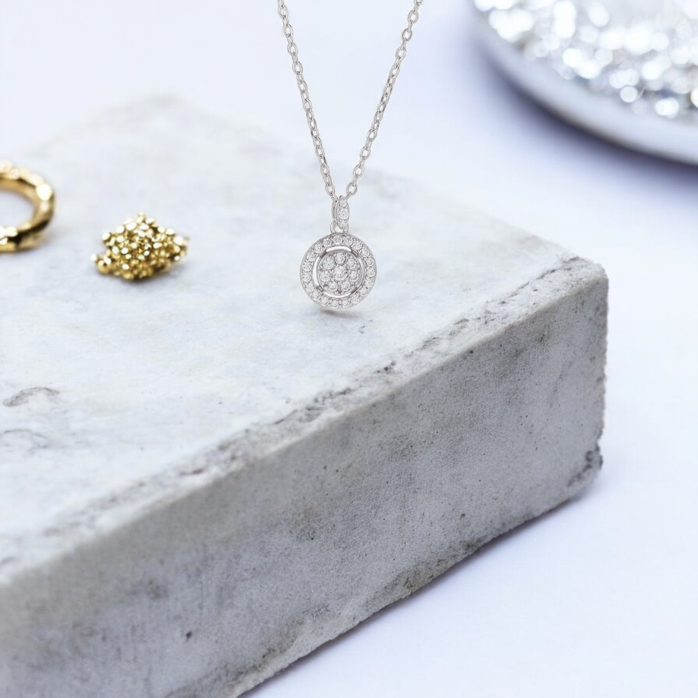 Sterling Silver Halo Sparkle C/Z Pendant Necklace S925 Hallmark