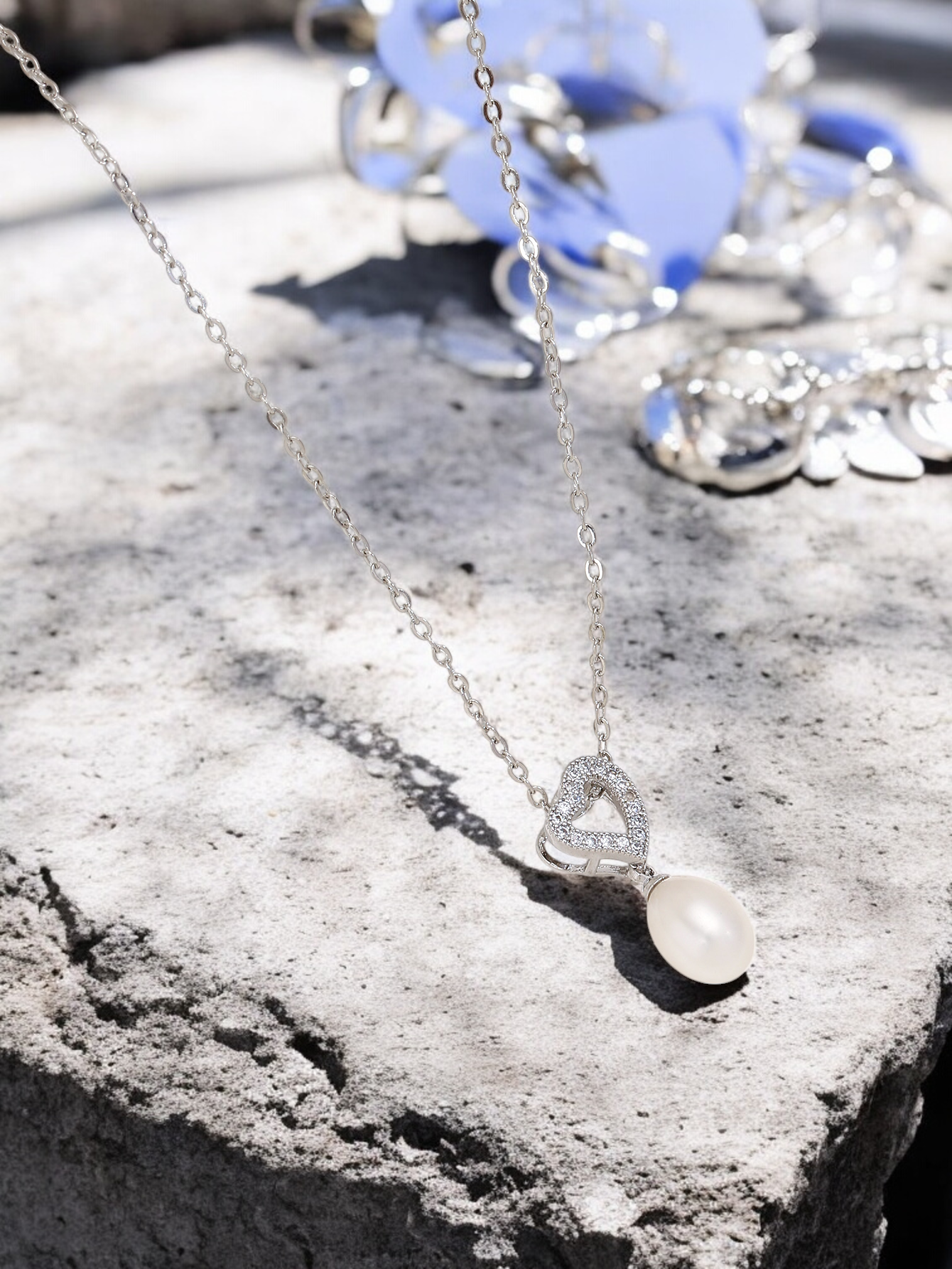 Crystal Heart with Freshwater Pearl Pendant Necklace
