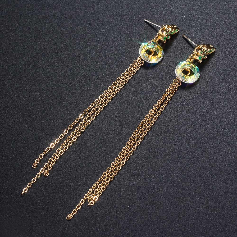Green Leaf Ring Earrings in Gold Tone