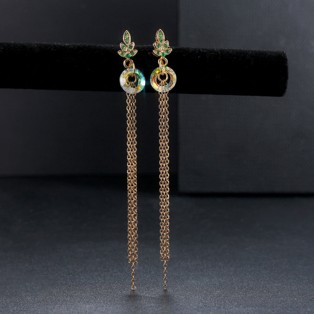 Green Leaf Ring Earrings in Gold Tone